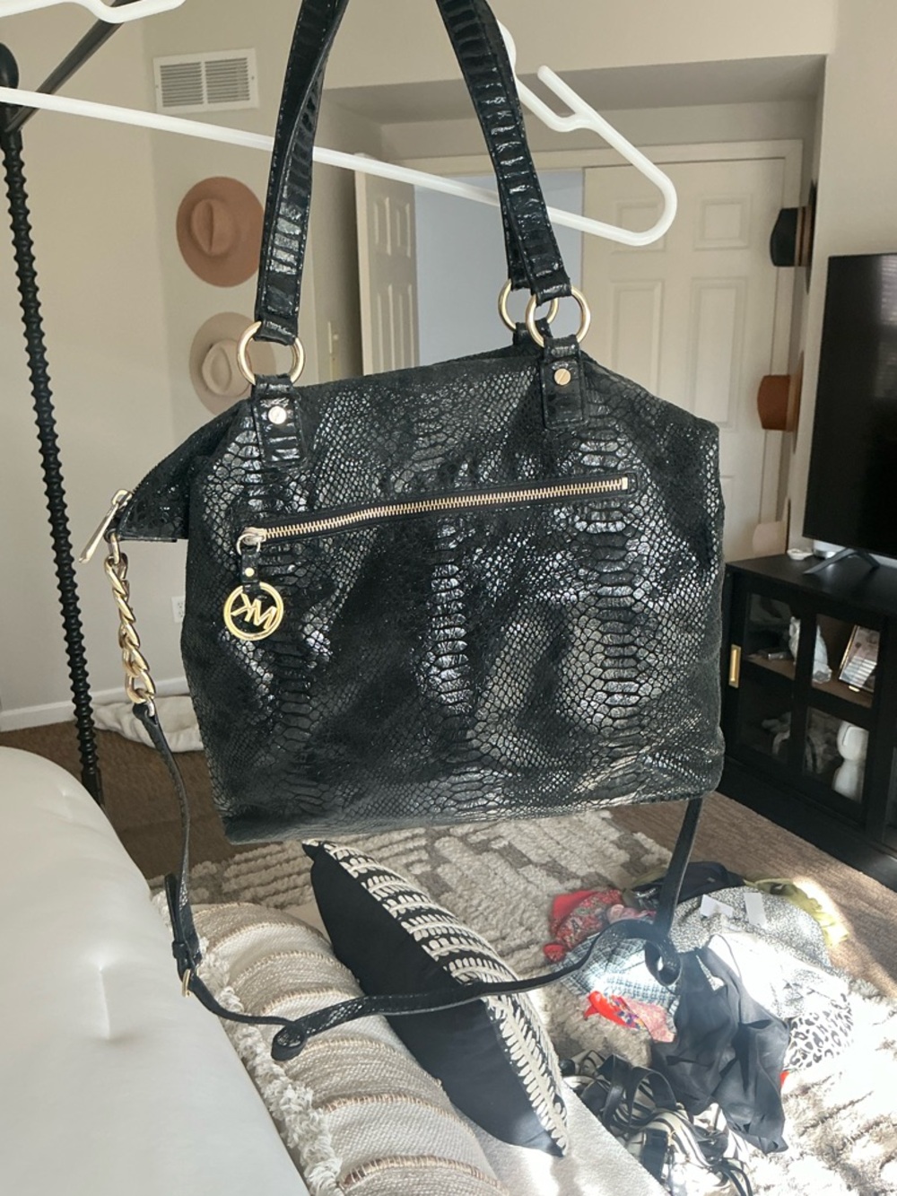 Michael Kors Black Faux-Snakeskin Shoulder Tote with Gold Hardware